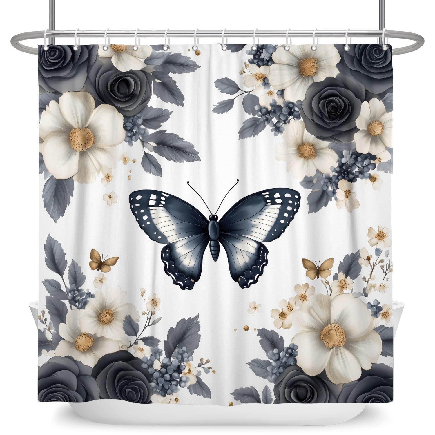 

Black White Floral Shower Curtain Butterfly Rose Print Waterproof Bathroom Decor Monochrome Botanical Design Polyester With Hook W60H190(CM)-1 Pcs