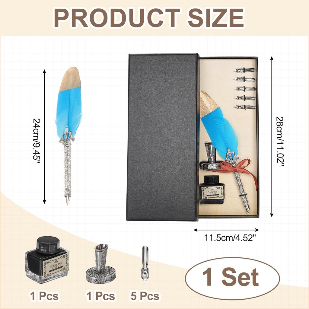 PATIKIL Feather Pen 1 Vintage Feather Calligraphy Fountain Dip Pen Set with Pen and Replacement Nibs for Beginner Sky Blue Set, Set, Pen, Ink, Holder,