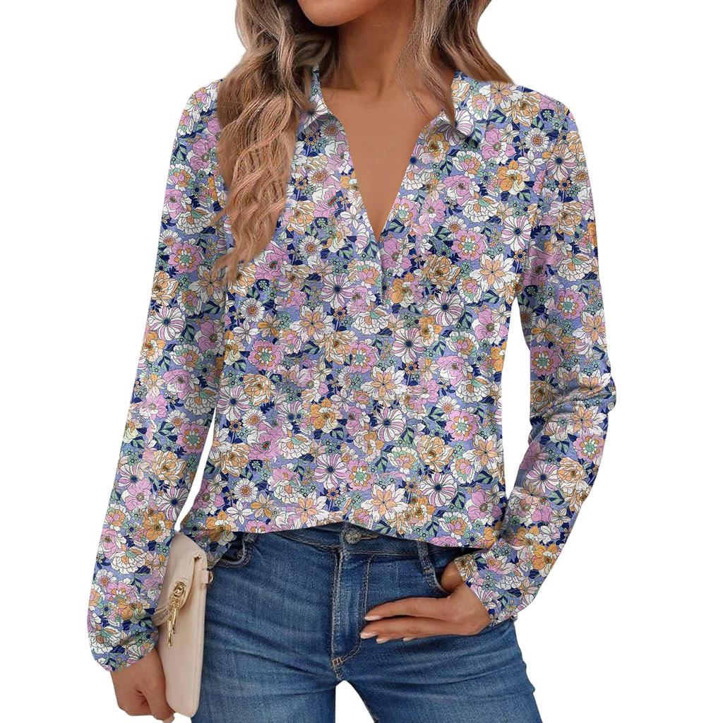 Women's Fashion Long-Sleeved Retro Floral Print Stand Collar Shirt