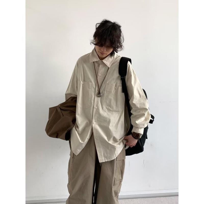 Japanese Vintage Tooling Shirt for Men In Spring and Autumn with Loose American Silhouette Long-sleeved Design Shirt