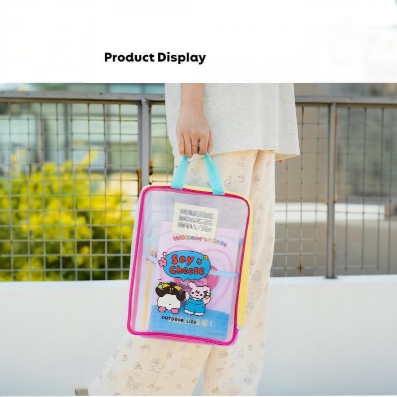 Colorful Cute Large Capacity File Bag, Transparent Document Handbag For Student Exams, A4 Zipper Paper Storage Bag