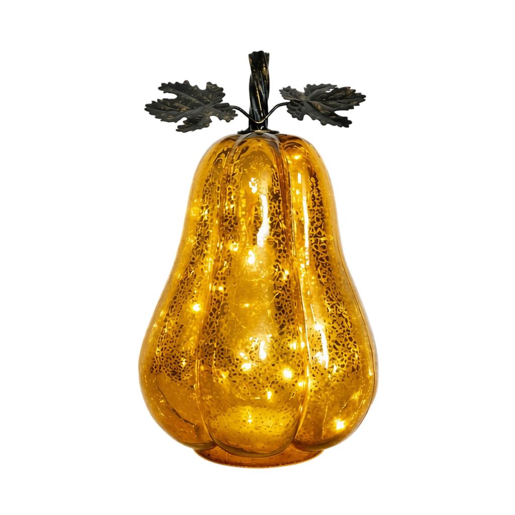 Glas Kürbis Licht Dekoration für Halloween Heim Atmosphäre Innen Tischdeko Akzent mit LED Lichtern und Metallblättern Design