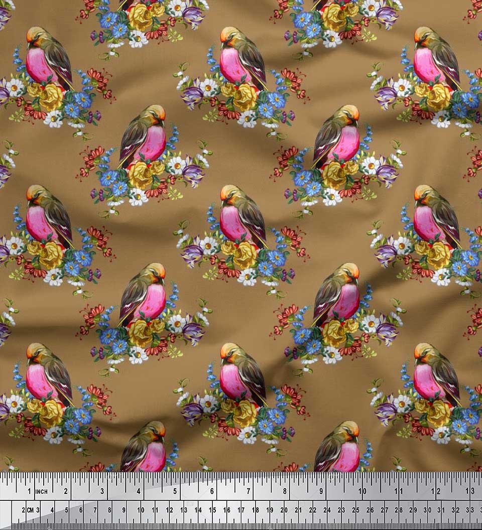 

Японська креп-атласна тканина Soimoi, листя, принти на тканині з квітами та птахами Робін на метр 42 дюйми 42 Inch Wide - Poly Crepe коричневий