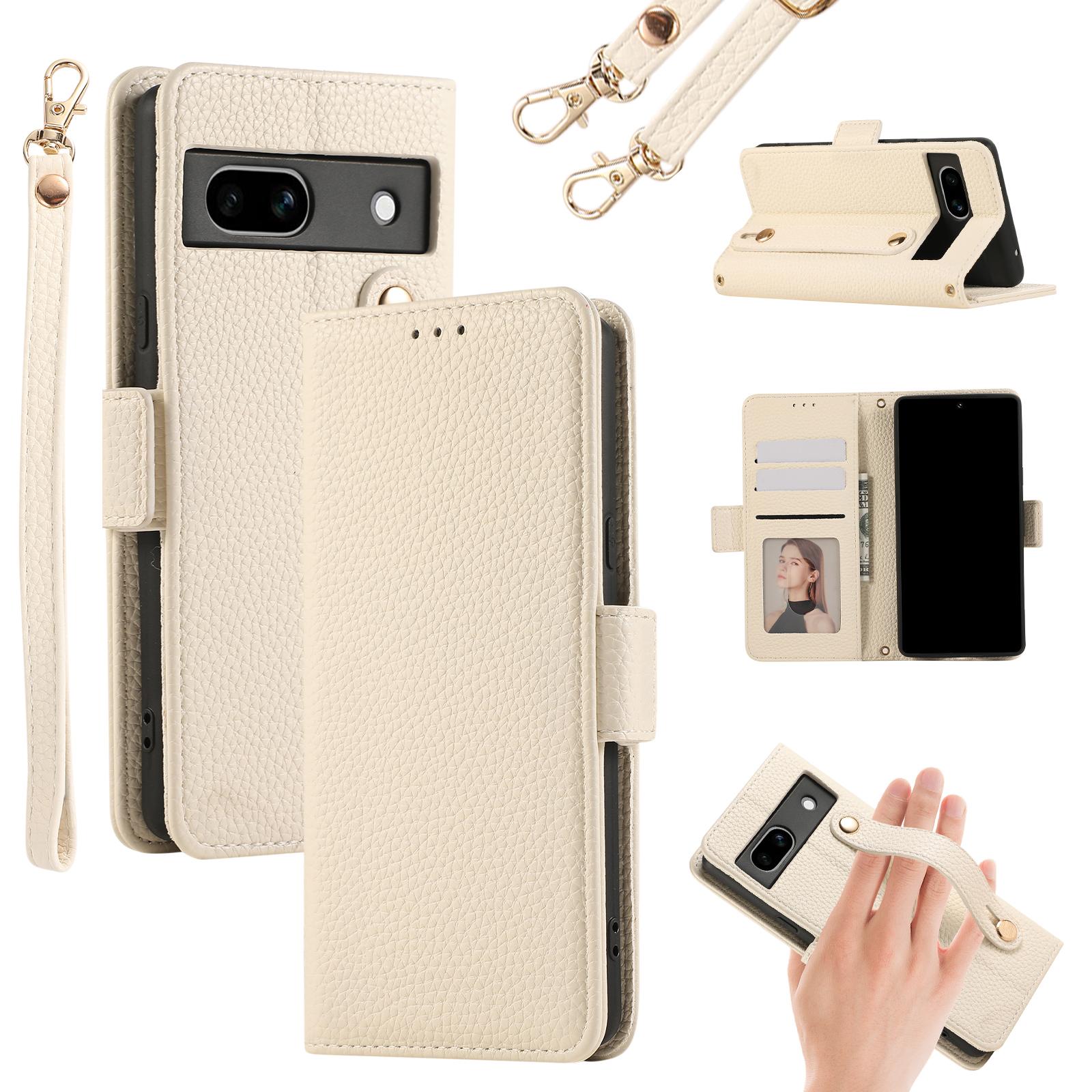 

Crossbody Cards Solt Wallet Leather Case For Google Pixel 8 8Pro 8A 9 7 7A 6 6A Wristband Longyard Hand Strap Stand Flip Cover For Pixel 6A бежевий