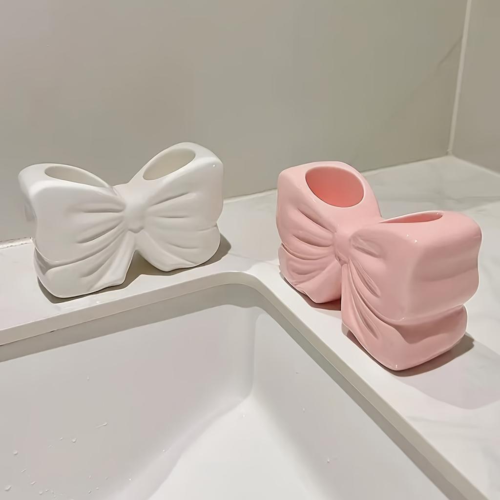 Visually Appealing Ceramic Toothbrush Holder with Bow Design Moisture-Resistant Bathroom Organizer, Freestanding Modern Vanity Decor for Countertop,