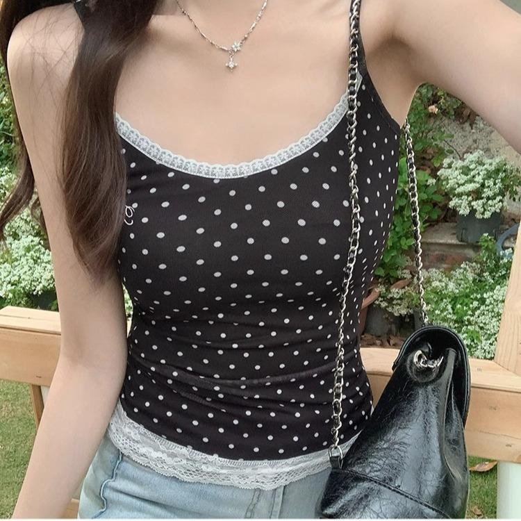 Pure desire white polka dot printed camisole female summer sweet hottie inner wear lace splicing embroidered short top
