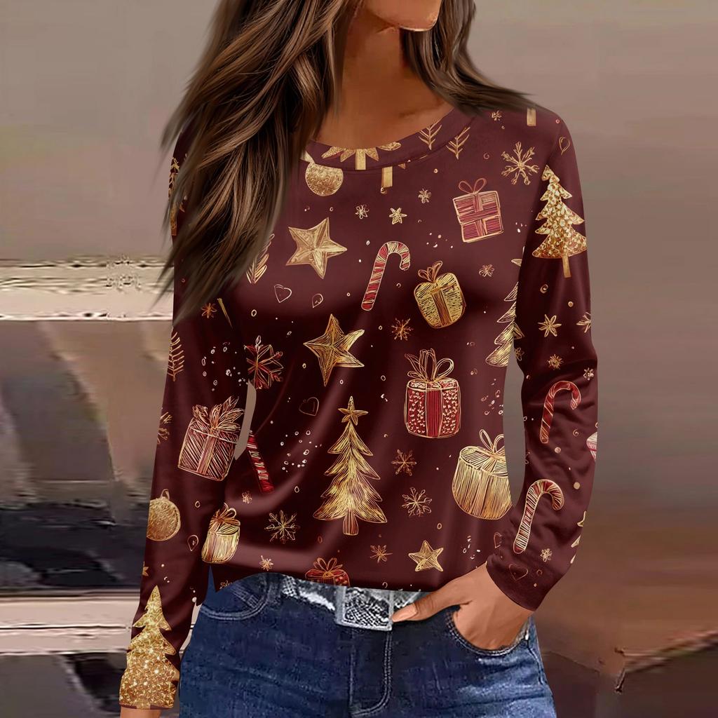 Women's Fashion Casual Slit Hem Round Neck Long Sleeve Loose Christmas Printed T-Shirt Ladies Top