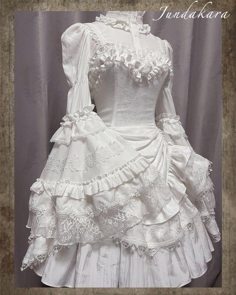 Jundakara Back Princess Sleeve Lolita Floral Puff Long Cute French Student Size L Women's Lace-Up Blouse, Stand-Up Collar, Style, Print, Lace,