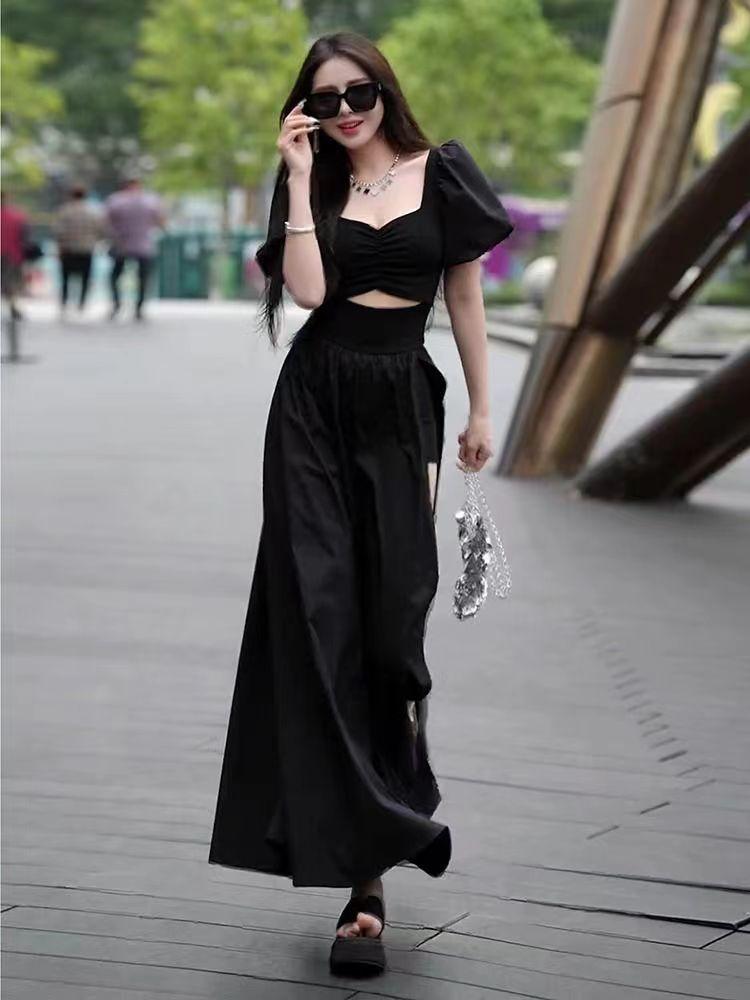 French Hollow Out Short Sleeve Black Maxi Dress Women Vintage Warm Square Collar A Line Dresses Female Summer Chic Vented Party Clothes Lady
