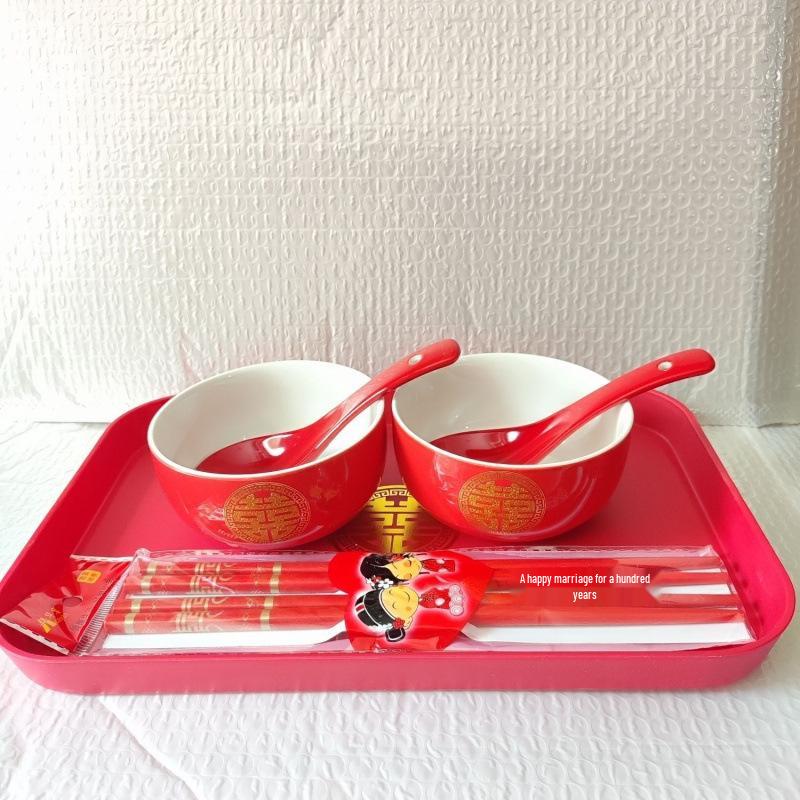 Double Happiness Red Wedding Bowl Set - Dowry and Dumpling Pair with Character Design