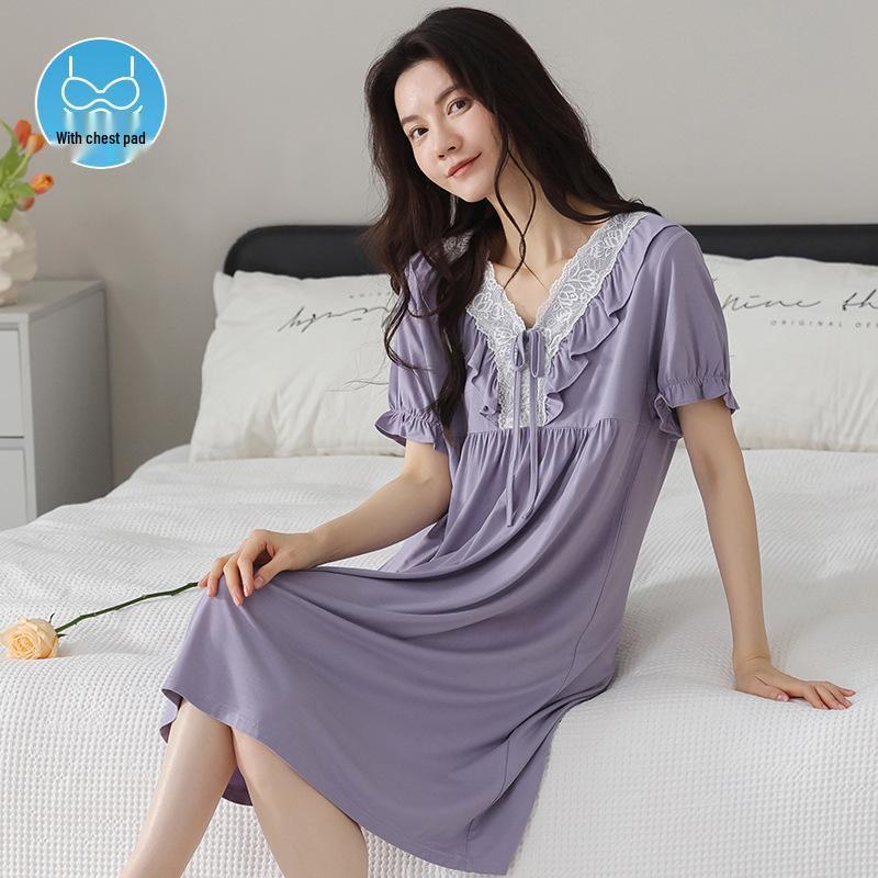 Women's Court Style Cotton Silk Nightgown with Built-In Bra Pads, French Large Size Summer Pajama Dress