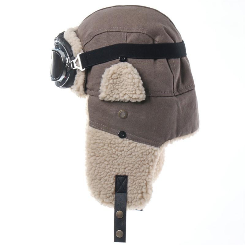 Unisex Windproof Winter Hat With Goggles Cover Warm Fleece-Lined Canvas Cap Skiing Hiking Outdoor Activities