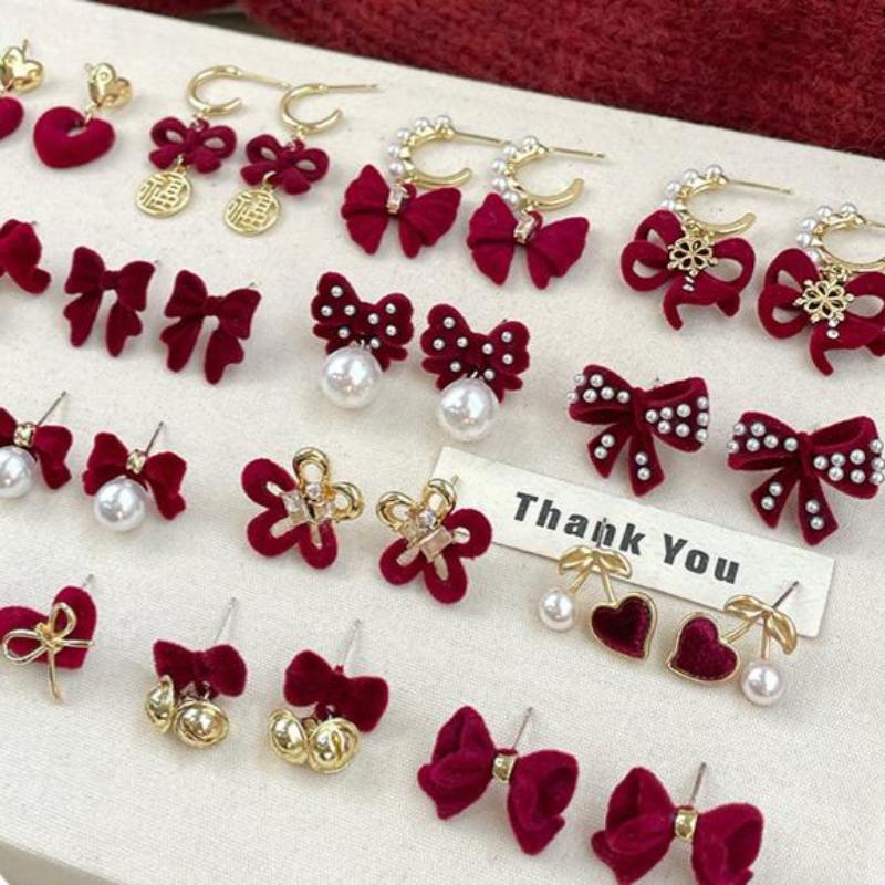 Cute Red Bow Flocking Earrings Simple Elegant Exquisite Sweet Festive Earrings Ear Studs Jewelry Accessories New Year Gifts
