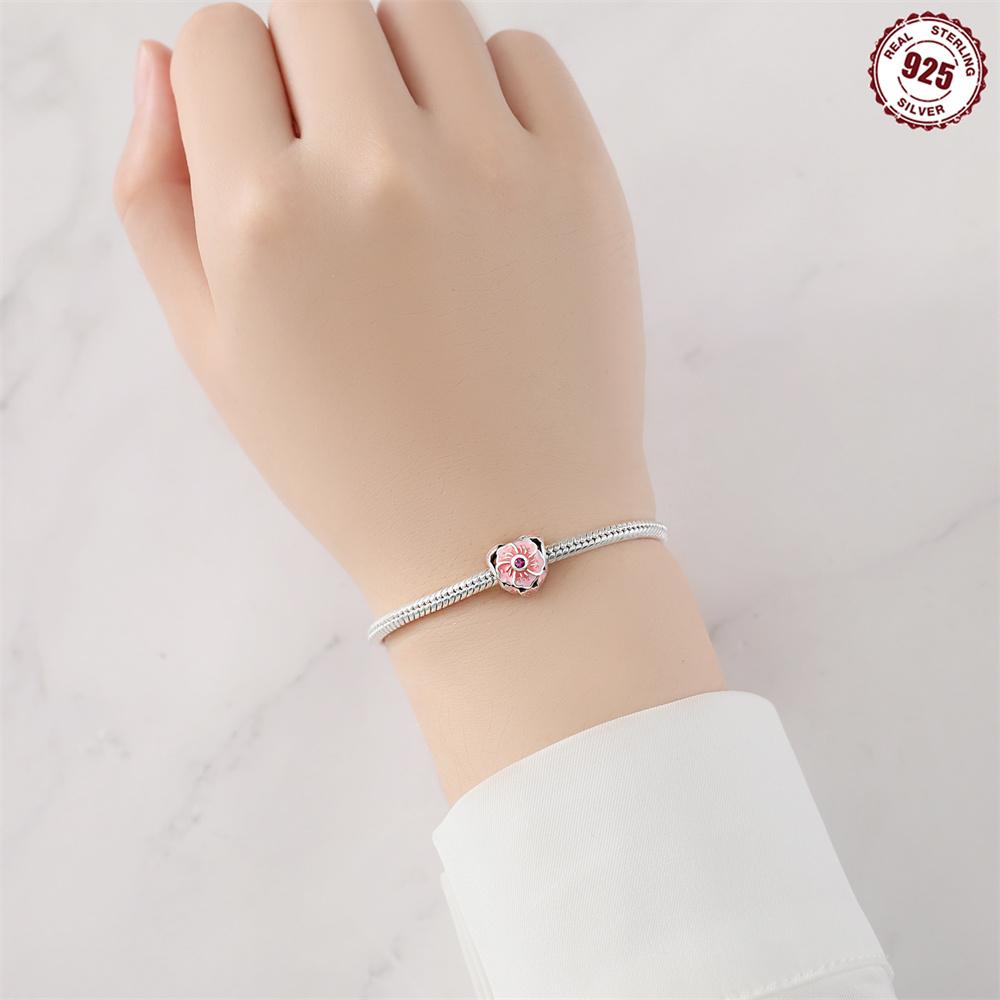 Beads Copper Charms Original Pink Heart Cherry Blossom Beads Fit Bracelet Jewelry Diy Women Fine Gift Accessory