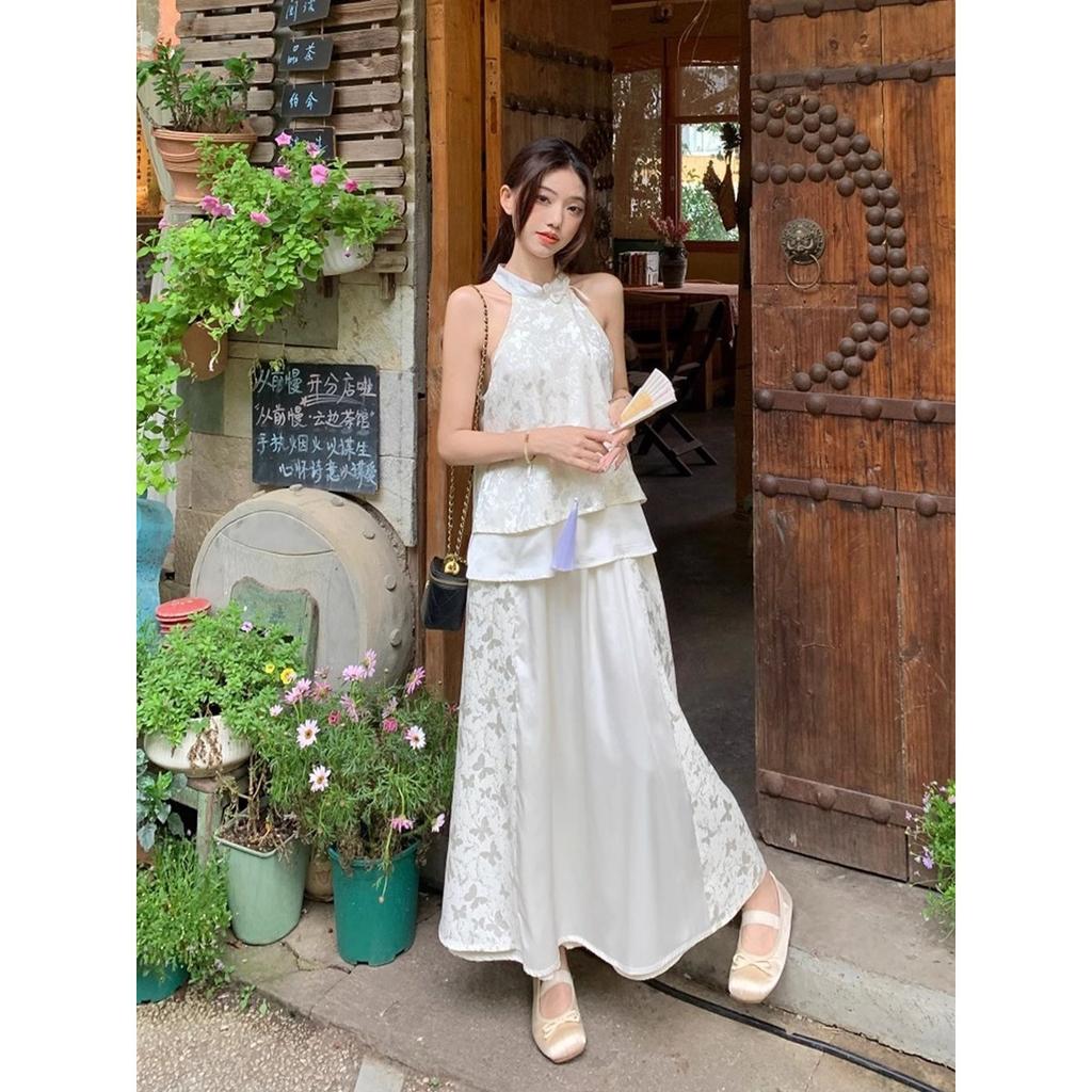 New Chinese Style Cheongsam, Cold Sense Zen Wear, a Complete Set of Neck-hanging Tops, Half-length Skirts, and Suits for Women's Summer