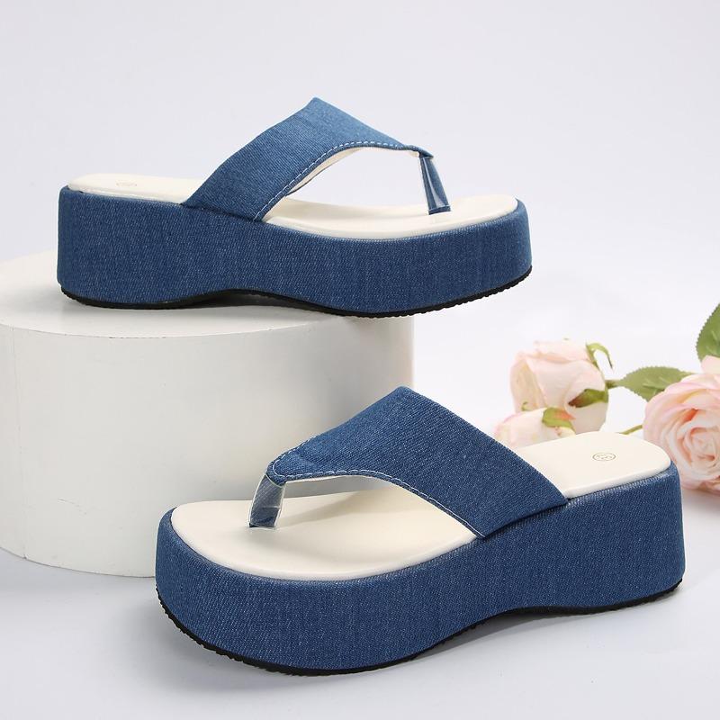 

Модные женские сандалии на танкетке, летние новые с круглым носком и перемычкой, тканевая поверхность, толстая подошва, нескользящие, износостойкие шлепанцы 40