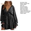 Lady Club Party Dress Deep V Neck Shimmering Sequin Loose Solid Color Long Sleeve Bow Lace-up Strap Slimming Look Mini Dress