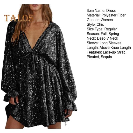 Lady Club Party Dress Deep V Neck Shimmering Sequin Loose Solid Color Long Sleeve Bow Lace-up Strap Slimming Look Mini Dress