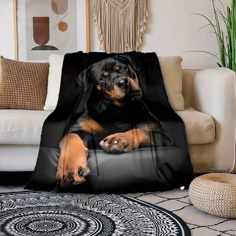Contemporary Digital Print Flannel Throw Blanket – Soft Non-Woven No Pilling All-Season Cartoon Rottweiler Dog Pattern