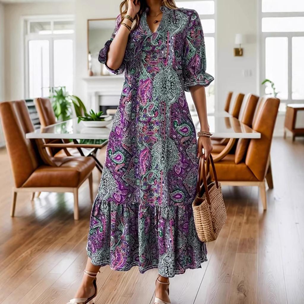 New Women's Print V-neck Mid-sleeve A-line Dress Casual Fashion Sundress for Daily Outing Travel