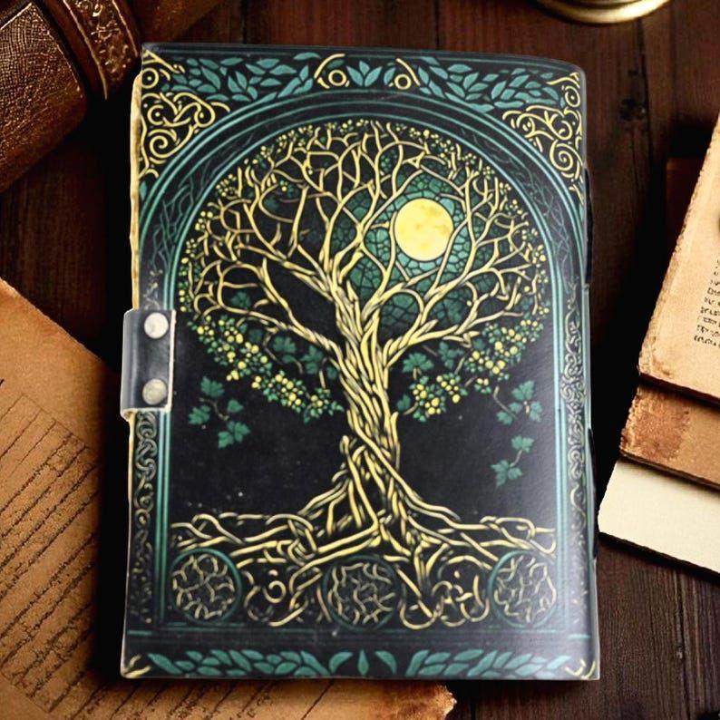 Grimorio Árbol de la Vida – Libro de las Sombras de Cuero con Fases Lunares | Libro de Hechizos de Brujería Hecho a Mano | Diario Celestial para Regalos
