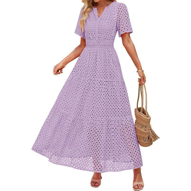 European and American women's clothing V-neck A-shaped hollow lace cake dress