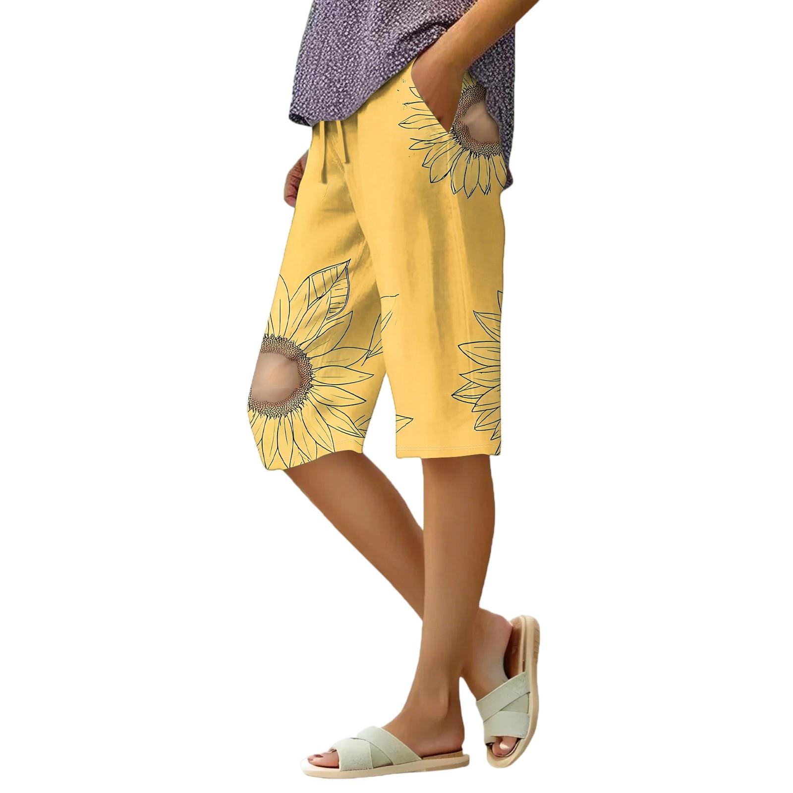 

Женские летние свободные шорты из хлопка и льна с эластичным поясом и цветочным принтом XL жёлтый