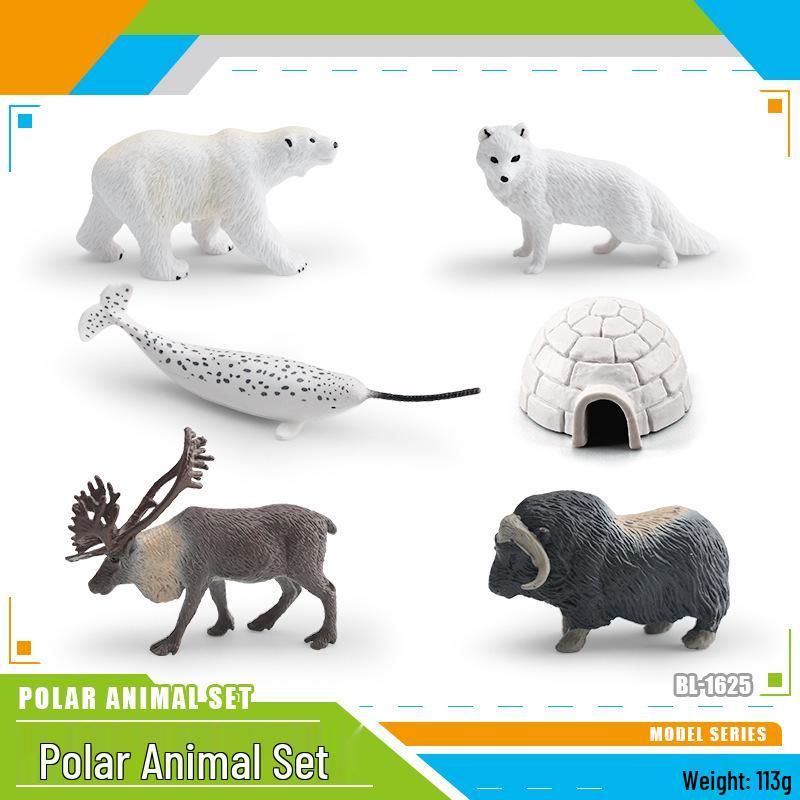 Arctic Animal Set: Polar Bear, Moose, Penguin, Snowy Owl, King Crab, and Igloo Model.