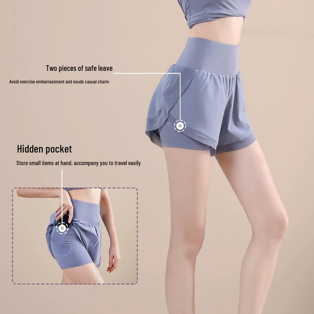 Women's High-Waist Quick-Dry Yoga Running Shorts - Slim Fit, Breathable, Fake Two-Piece, Three-Quarter Length, Loose Fit.