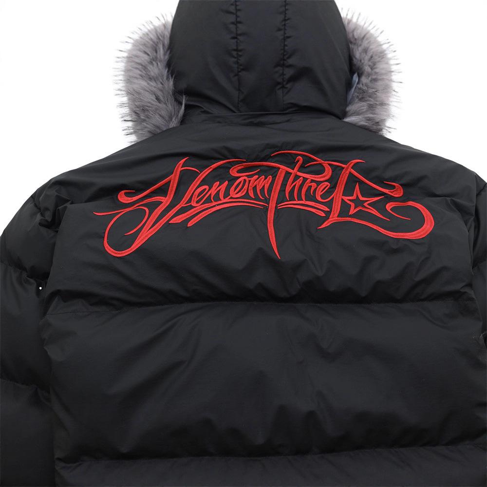 Guochao Men's Hong Kong Style Cotton Jacket with Hood, Fur Collar & Embroidery - Trendy, Loose Fit Outerwear for Boys