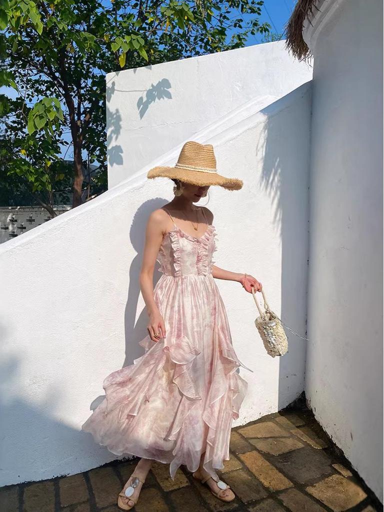 Women's Seaside Holiday Chiffon Printed Spaghetti Strap Long Beach Dress