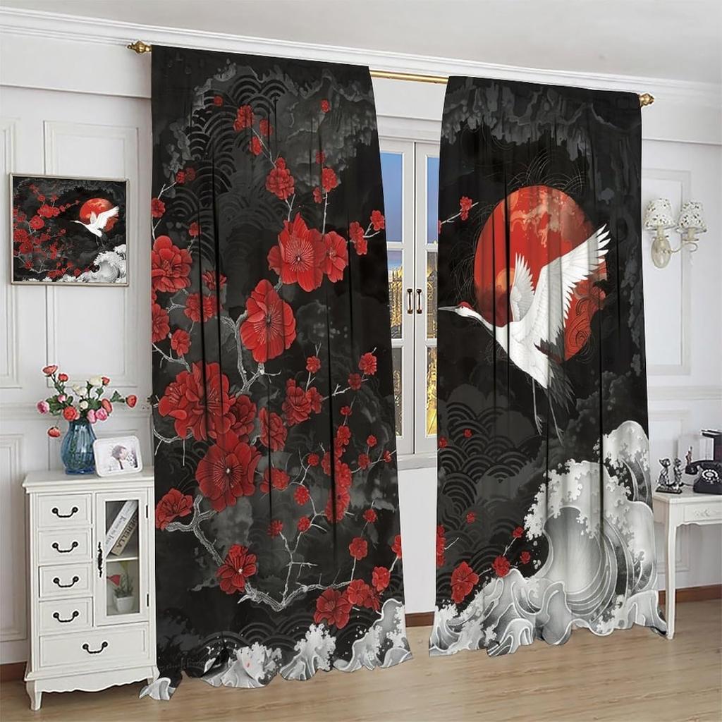 Japanese Curtains Cherry Blossom Sunrise Crane Asian Style Window Drapes Living Room Bedroom Darkening Made Of Polyester Area Treatment