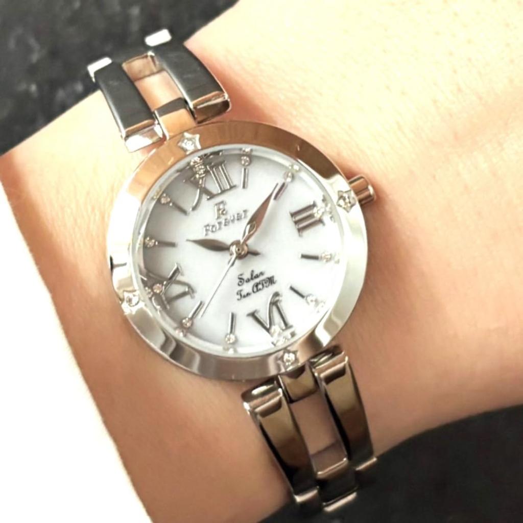 Solar 10 ATM Water Easy Strap Adjustment Tools Bracelet Japanese Solar Date Perfect White Roman Dial Ladies' Watch, Resistant, (No Required!),