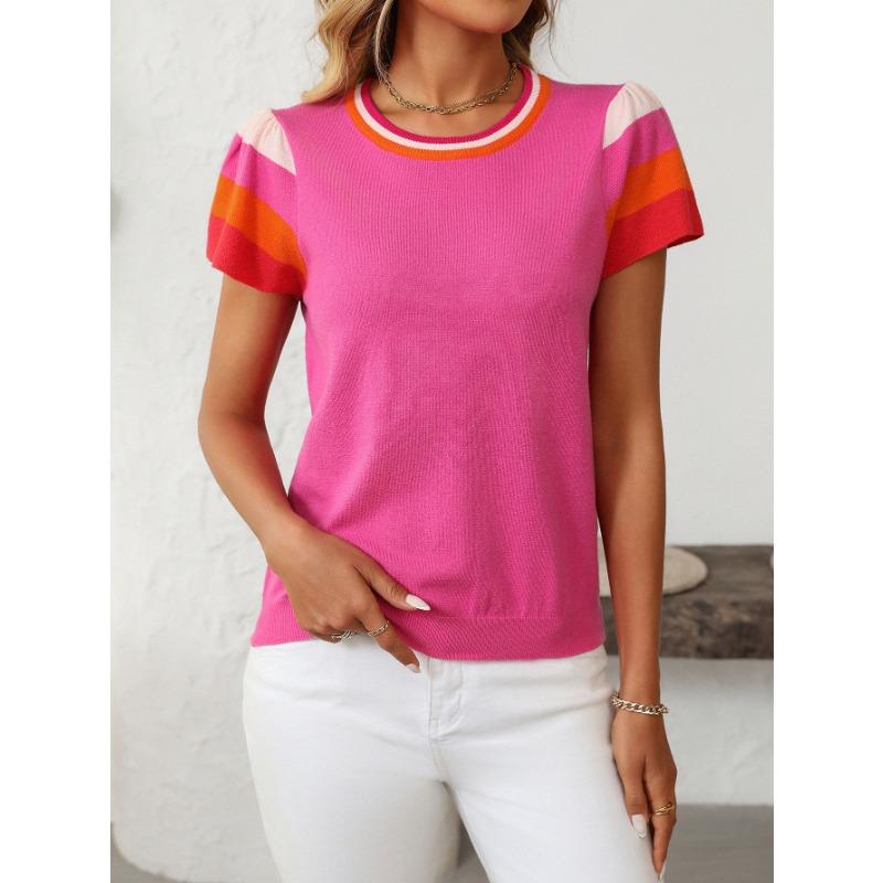 Women's Summer Round Neck Knit Top Clashing Colours Sweet Short Sleeve Sweater