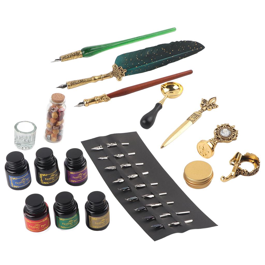 Feather Pen Set European Style British Retro Lacquer Stamp Dipped In Water Quill Pen Set with InkDark Green