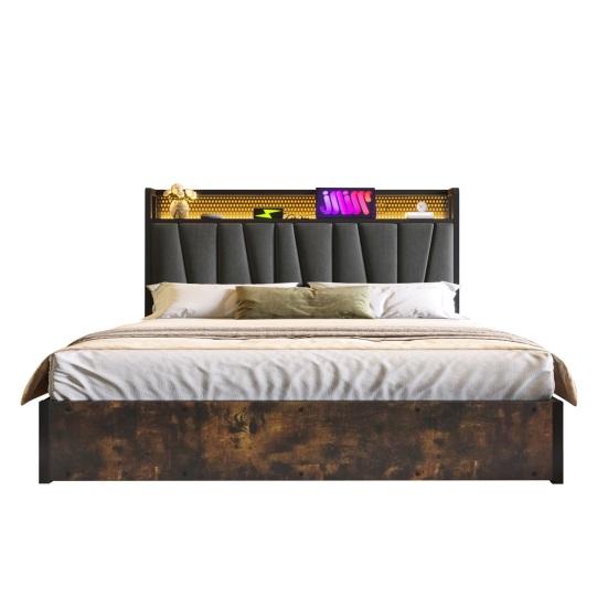 Upholstered Bed Metal Bed LED App-Control Double Bed with Charging USB Charging Function Headboard And LED Light, Metal Bed 140x200cm Wooden Slatted