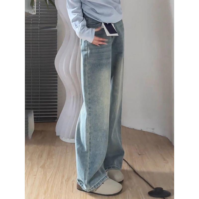 Plus Size High-Waisted Light Wide-Leg Jeans for Curvy Women – Slimming, Straight, Floor-Length Pants for Pear-Shaped Figures, Autumn Wear