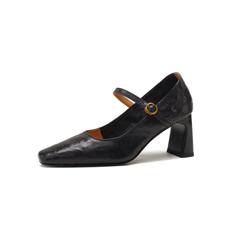 [Spot] Soft Sheepskin Black High Heels French Retro Thick Heel with Mary Jane Shoes Women's Single Shoes
