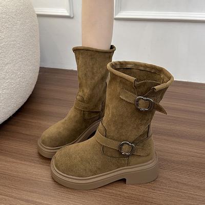 Vintage Maillard Versatile Thick Heel Skinny Boots Women's New Feeling Belt Buckle Martin Boots