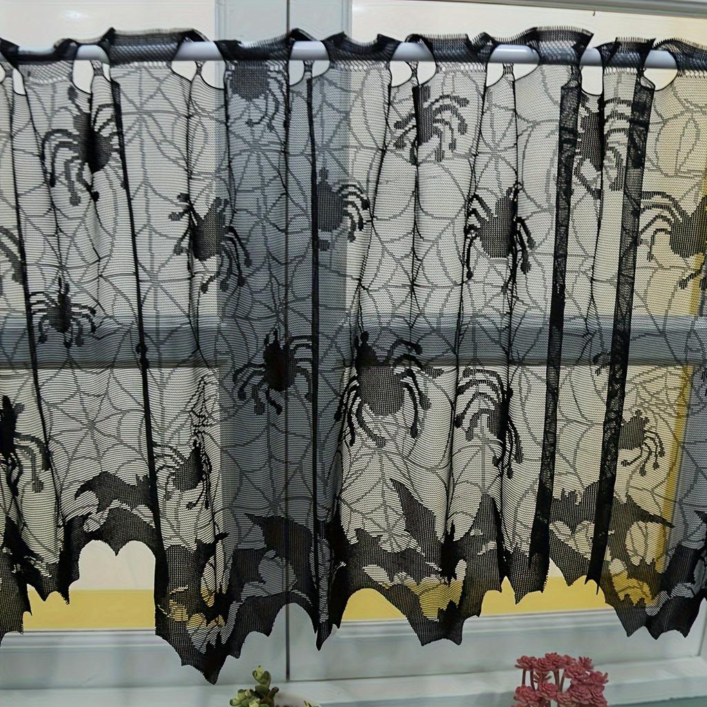 Gothic Black Lace Spider Halloween Curtain -Transparent Cafe Layer with Creepy Spider Web & Realistic Spider Trim, Hand Washable