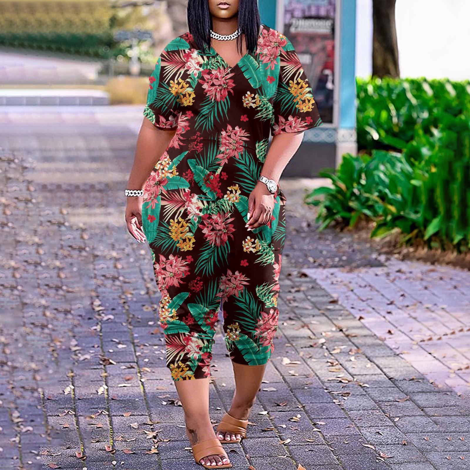 

Жіночі повсякденні комбінезони з V-подібним вирізом і короткими рукавами на блискавці з кишенями. Широкі довгі комбінезони XXL різнокольоровий