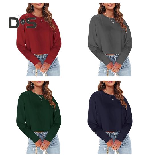 Dámské zkrácené mikiny s dlouhým rukávem, pulovr, fleecový crop top, nadměrná trička s kulatým výstřihem na podzim a zimu