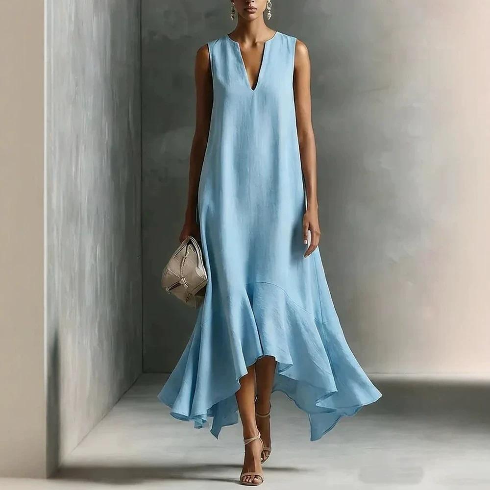 European and American women's clothing V-neck sleeveless solid color, irregular hem, dress long dress