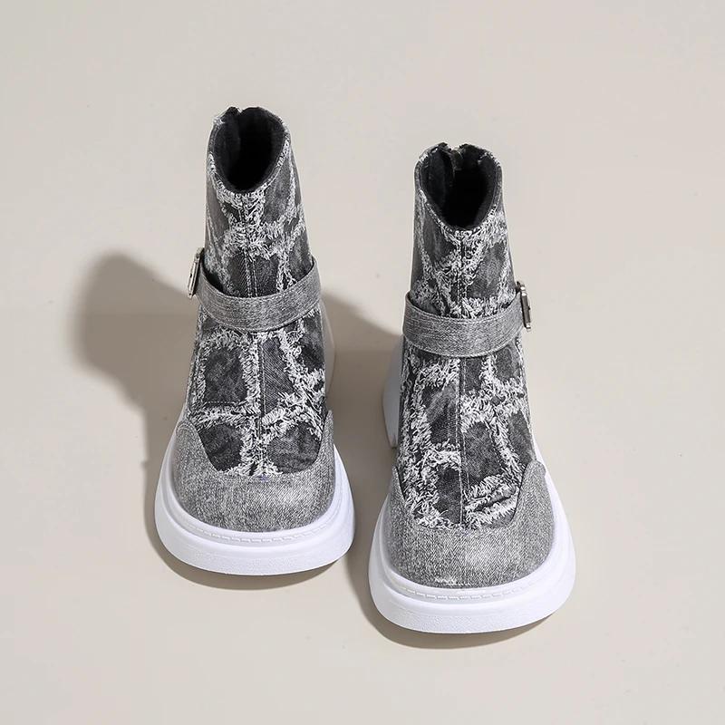 Fashion Cowboy Canvas Ankle Women Flats Boots Belt Buckle Checkered Fashion Designer Winter New 2025 Trend Women Shoes Cozy Casual Botas