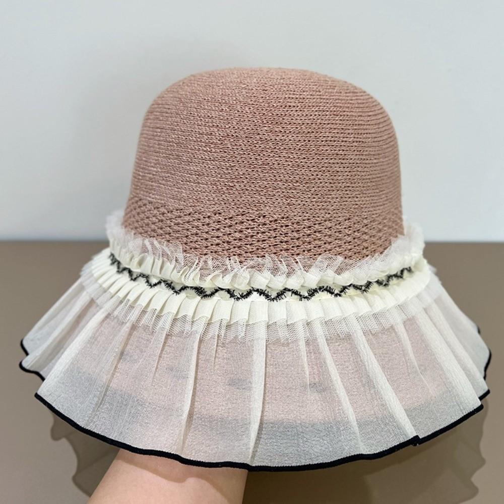 Trendy Sun-protective Woman s Fisherman Cap Lace trim Elegant Straw Hat Breathable Spring Summer Bucket Hat for Outdoors розовый