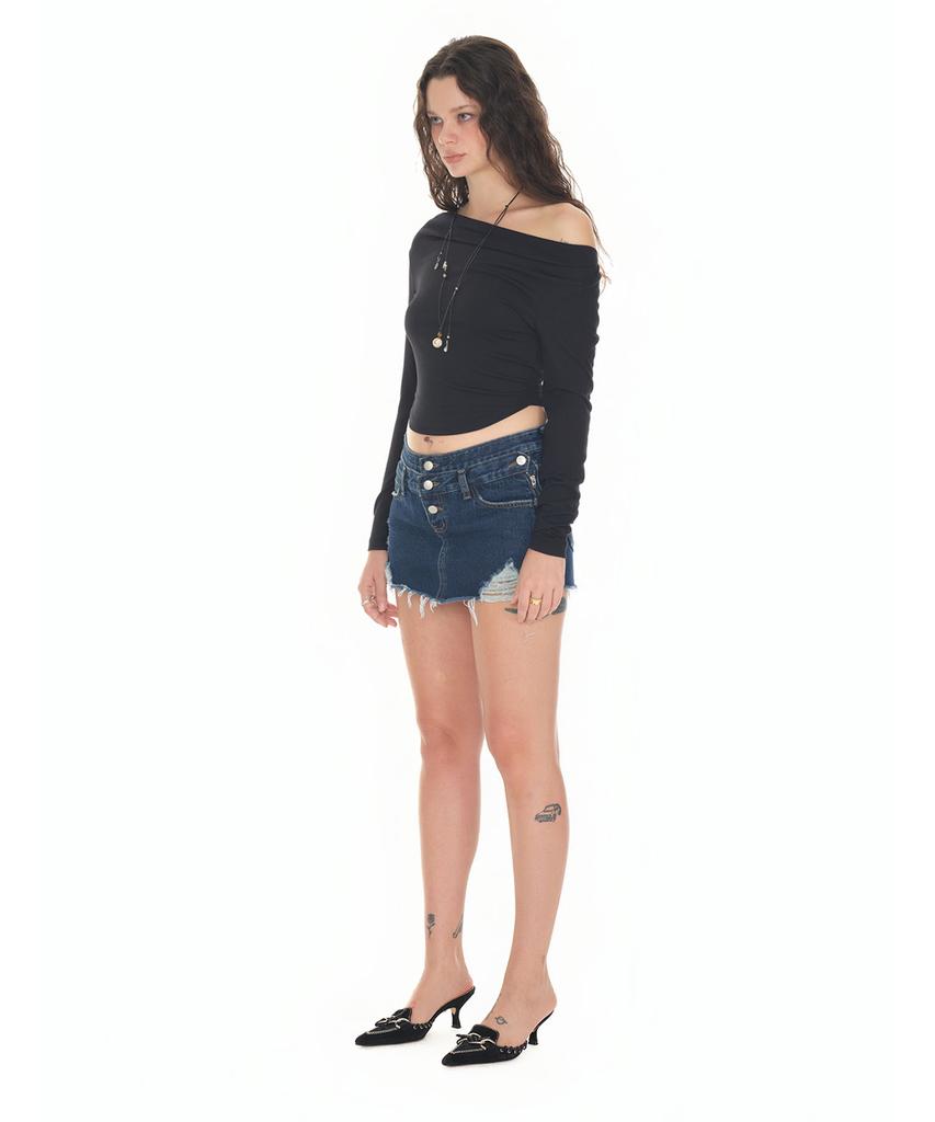 TOOMUCHTAX One Shoulder Long Sleeve Top Black