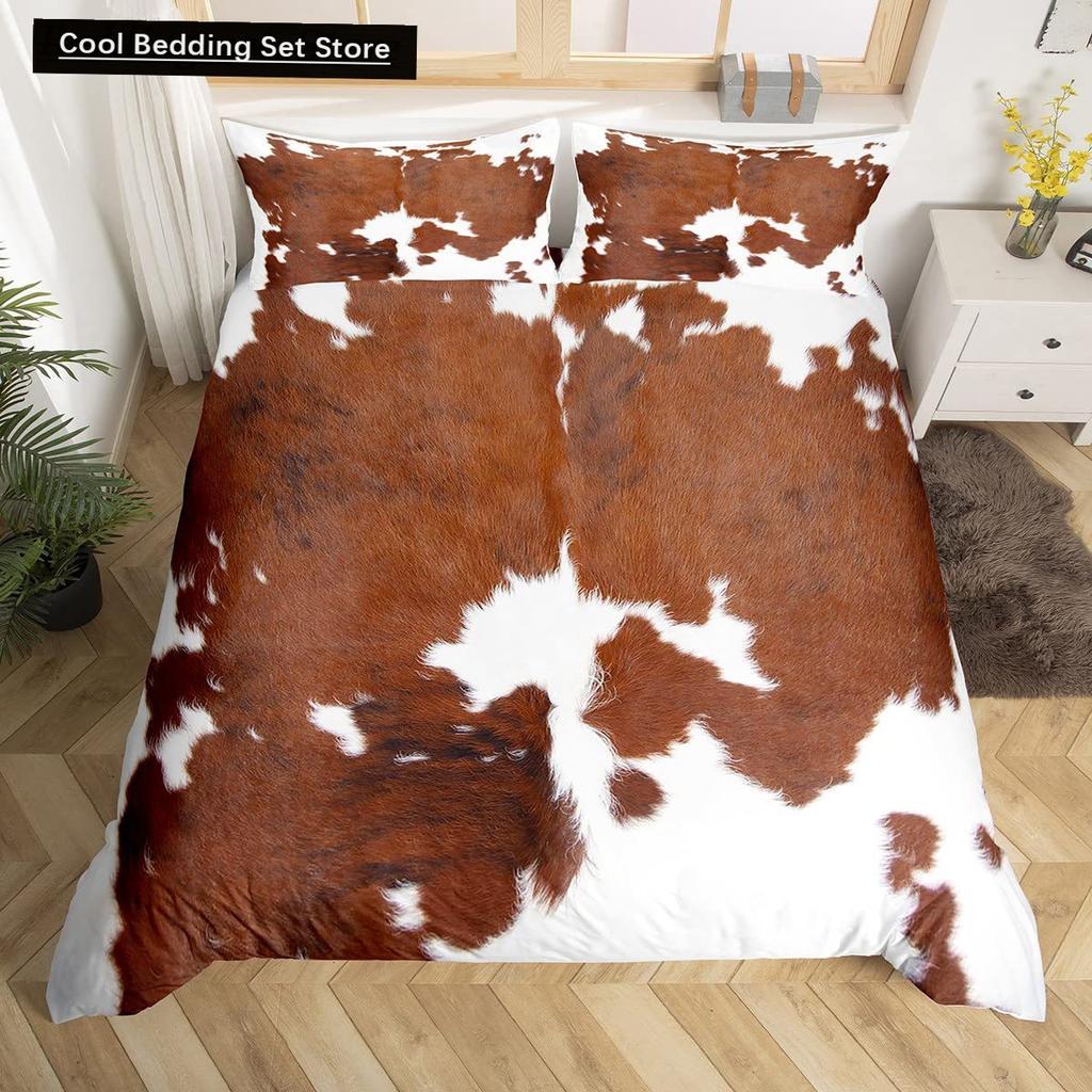 Cowhide King Queen Duvet Cover Patchwork Cow Fur Print Bedding Set Animal Quilt Cover Western Cowboy Polyester Comforter Cover