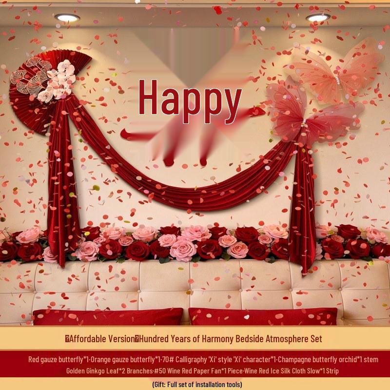 Wedding Room Decor: Double Happiness Wall Set with Artificial Butterflies