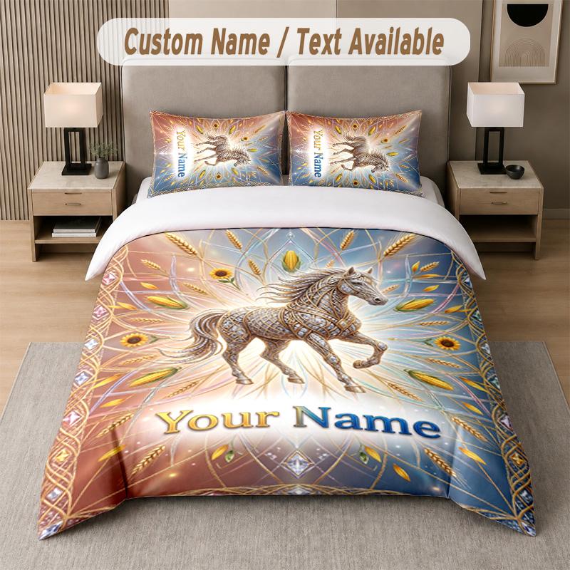 Horse Theme Custom Text Or Name 3Pcs Bedding Set 1 Flat Sheet & 2 Pillowcases Personalized Home Bedding