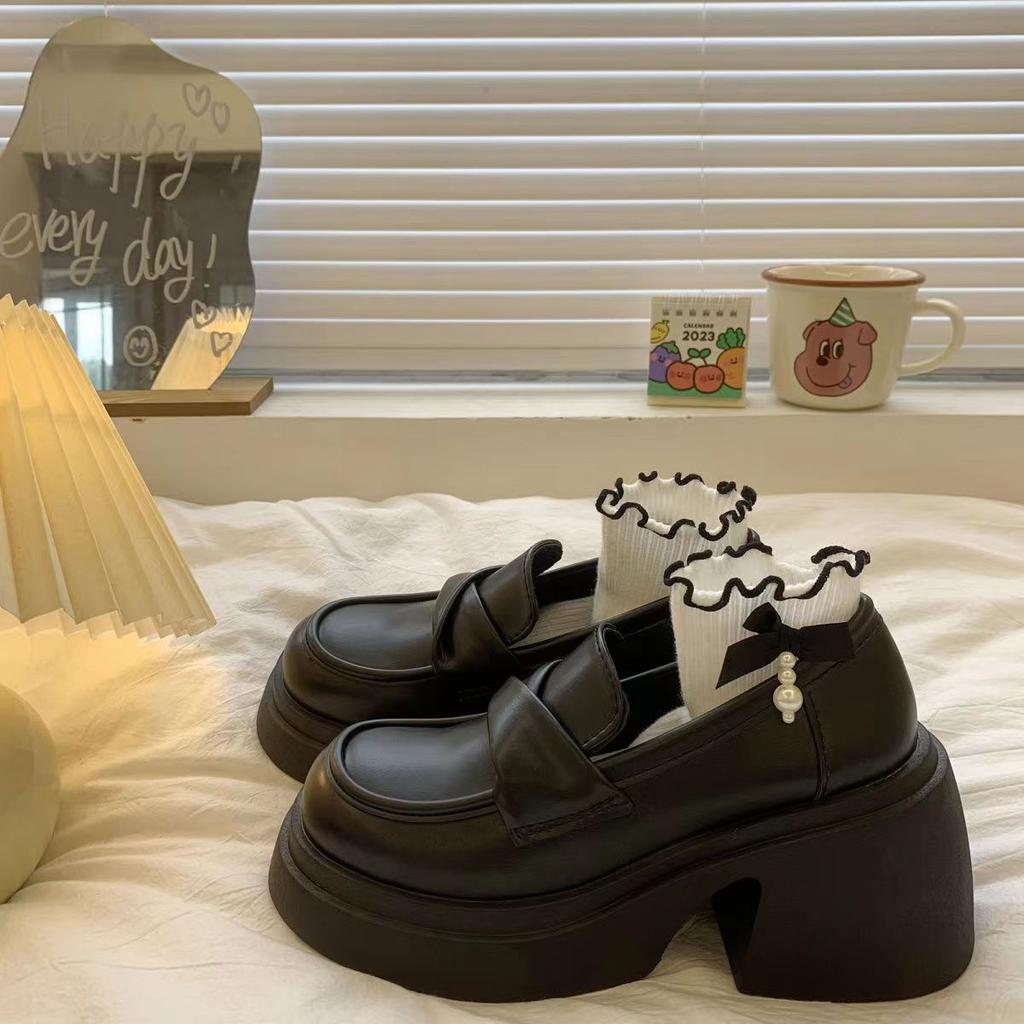 New High Platform Loafers Women Black Heeled Slip On Shoes Woman Faux Leather Heels Female Driving Loafers Chunk Block Heel Shoe